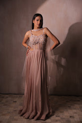 Dusty Pink Embellished Anarkali Gown with Sheer Cape